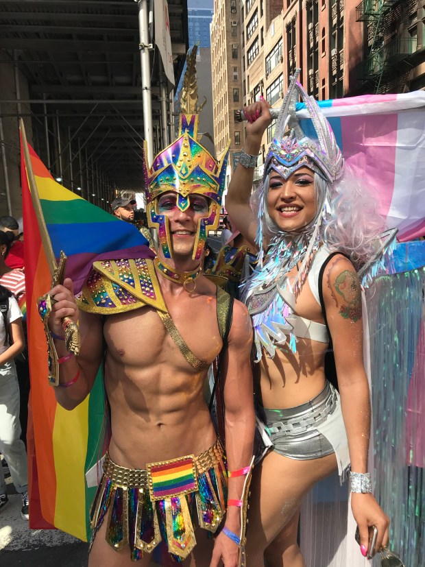 Haus of Other founder Gary Randall, left, and Nadia Evangelina, stand for a photo while marching in a WorldPride 2019 parade as their alter egos, Gajax the gay gladiator and Transgalactica the trans alien warrior, in New York City. (Photo courtesy of Gary Adrian Randall)